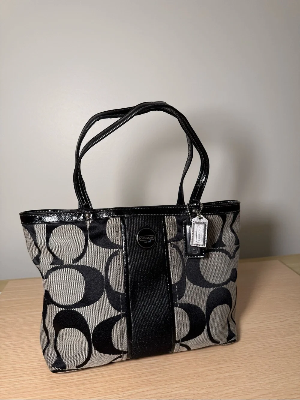 Vintage Y2K Coach Signature Stripe Small Tote Bag Black/Gray Jacquard F15112